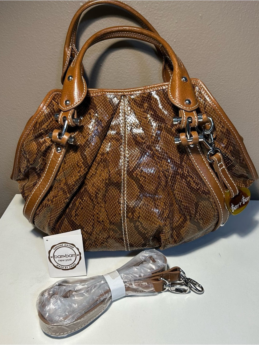 Barr + Barr New York NWT Snakeskin Leather Satchel Crossbody Handbag Purse Brown